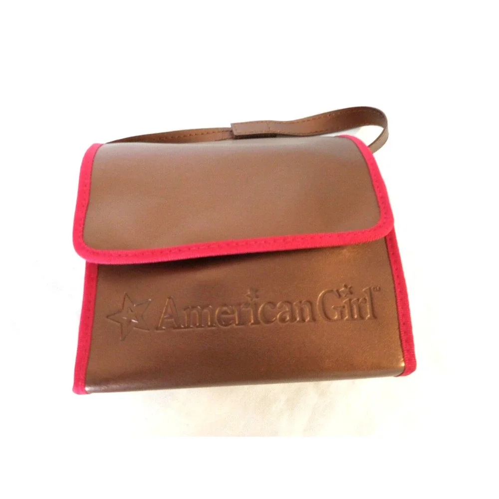 American Girl Doll Brown Red Storage Purse Handle Bag + Brush + Accessories